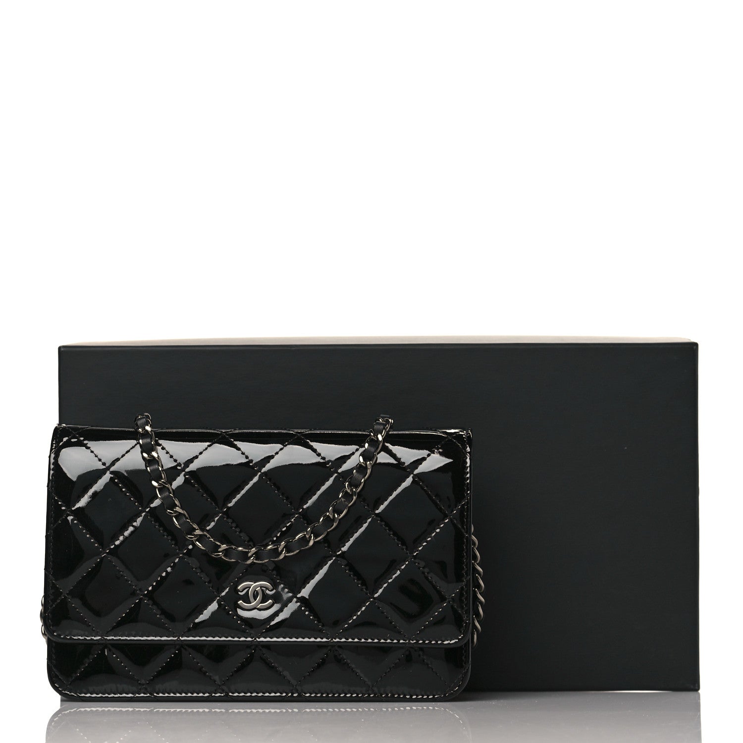 Chanel Patent Calfskin Quilted Wallet On Chain WOC Black 11 of 11