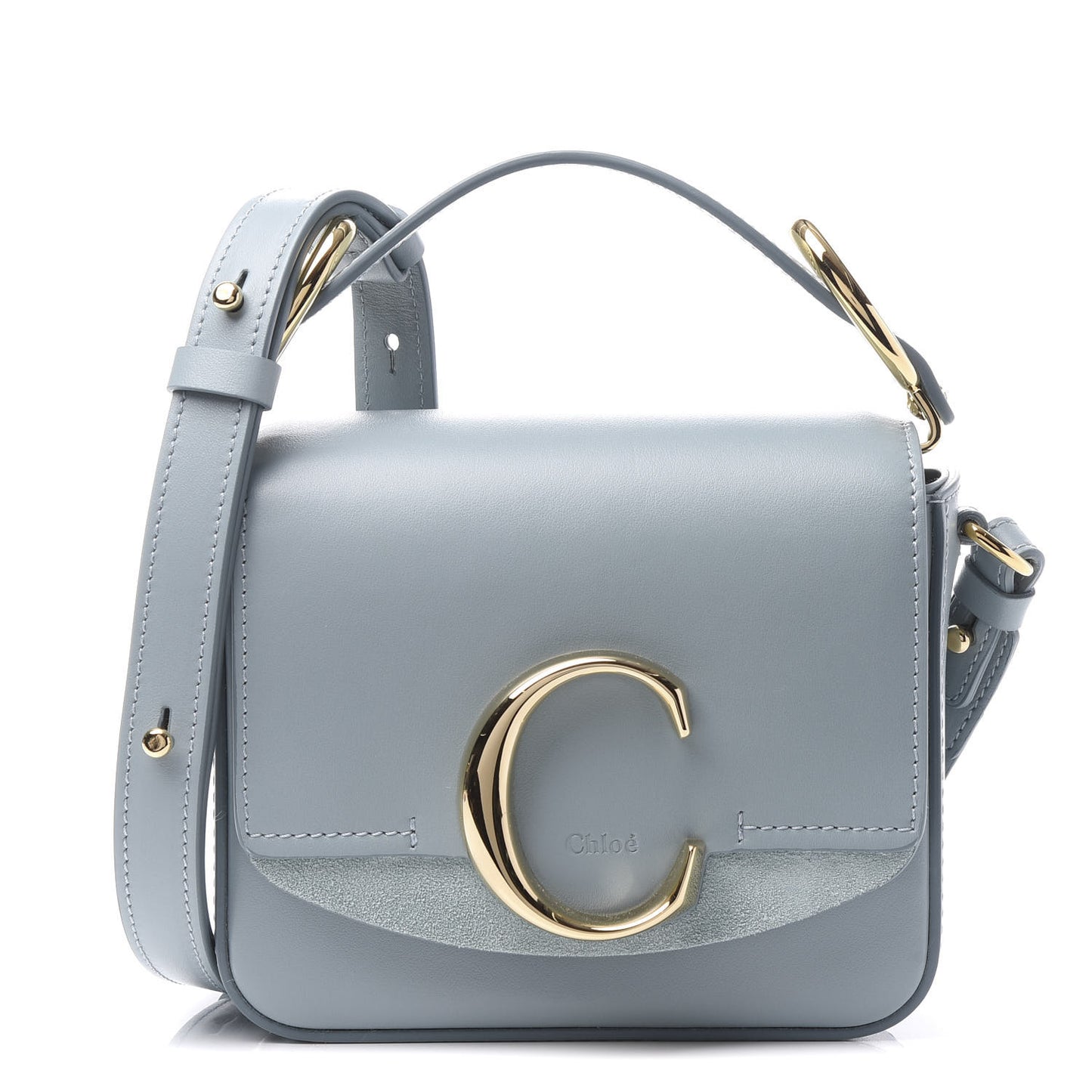 Shiny Calfskin Suede Mini C Double Carry Cloudy Blue