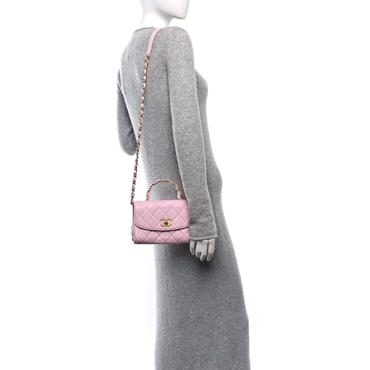 Crumpled Lambskin Quilted Mini CC Links Top Handle Flap Light Pink