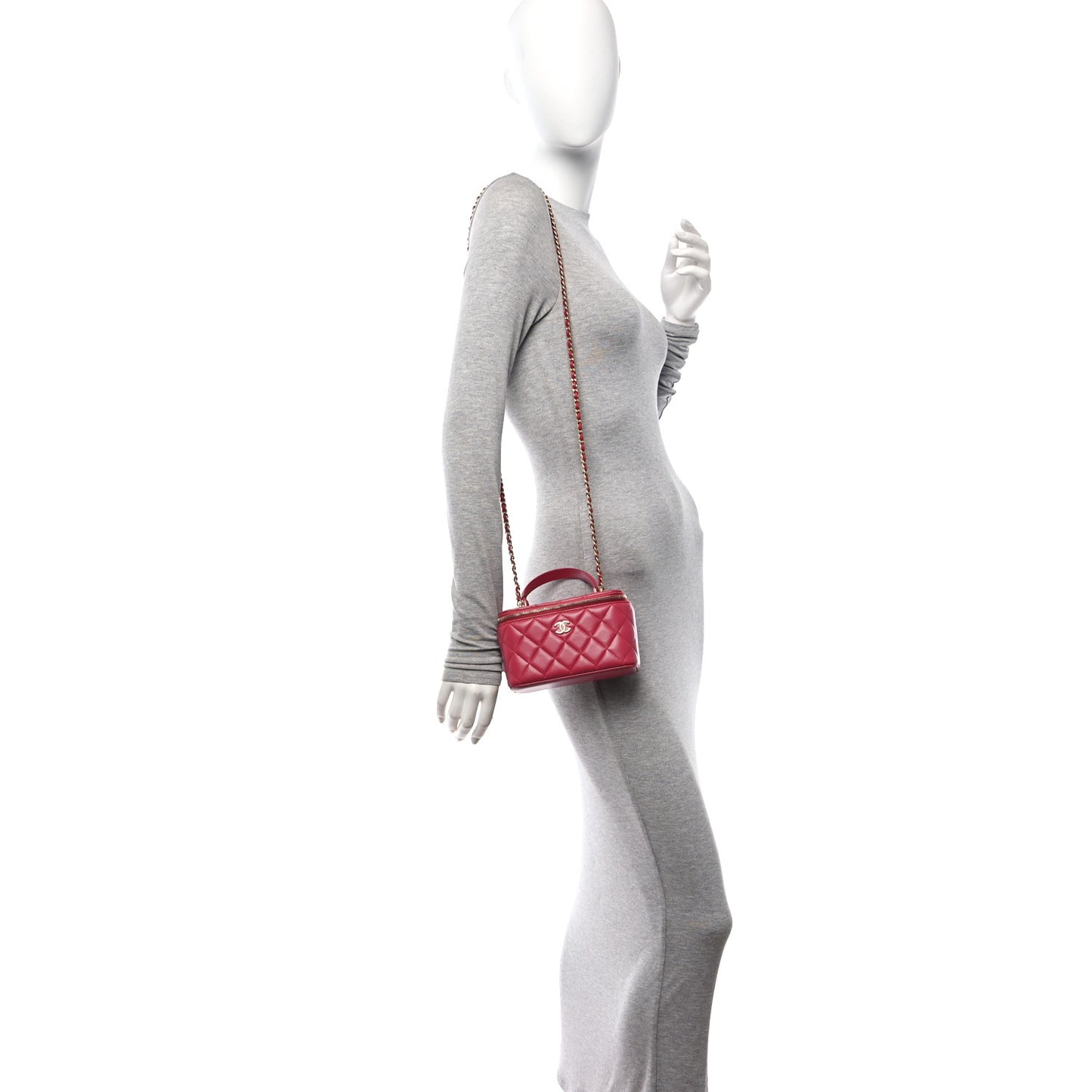 Lambskin Quilted Small Top Handle Vanity Case With Chain Dark Pink