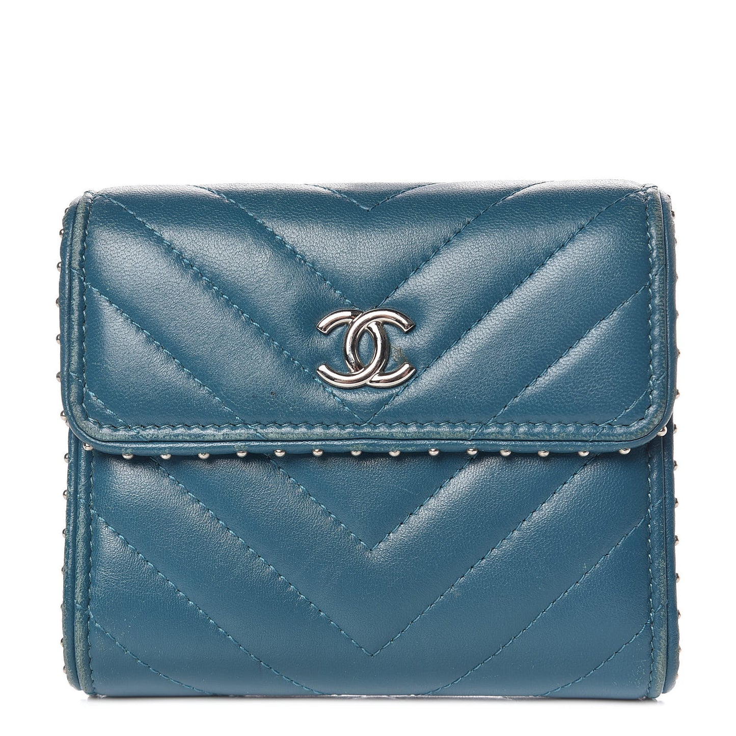 Lambskin Chevron Quilted Studded Compact Flap Wallet Blue