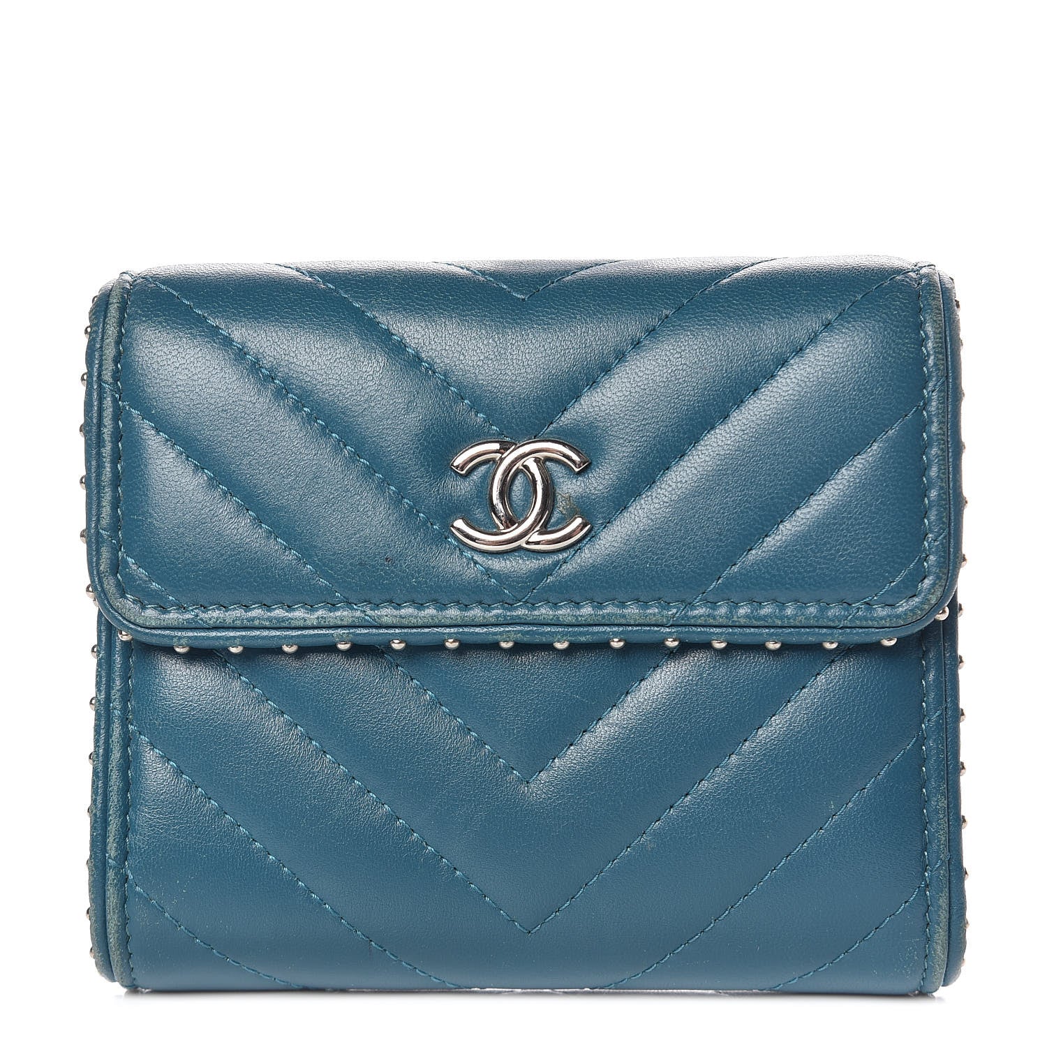 Chanel Lambskin Chevron Quilted Studded Compact Flap Wallet Blue 1 of 14