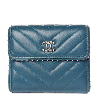 Chanel Lambskin Chevron Quilted Studded Compact Flap Wallet Blue 1 of 14