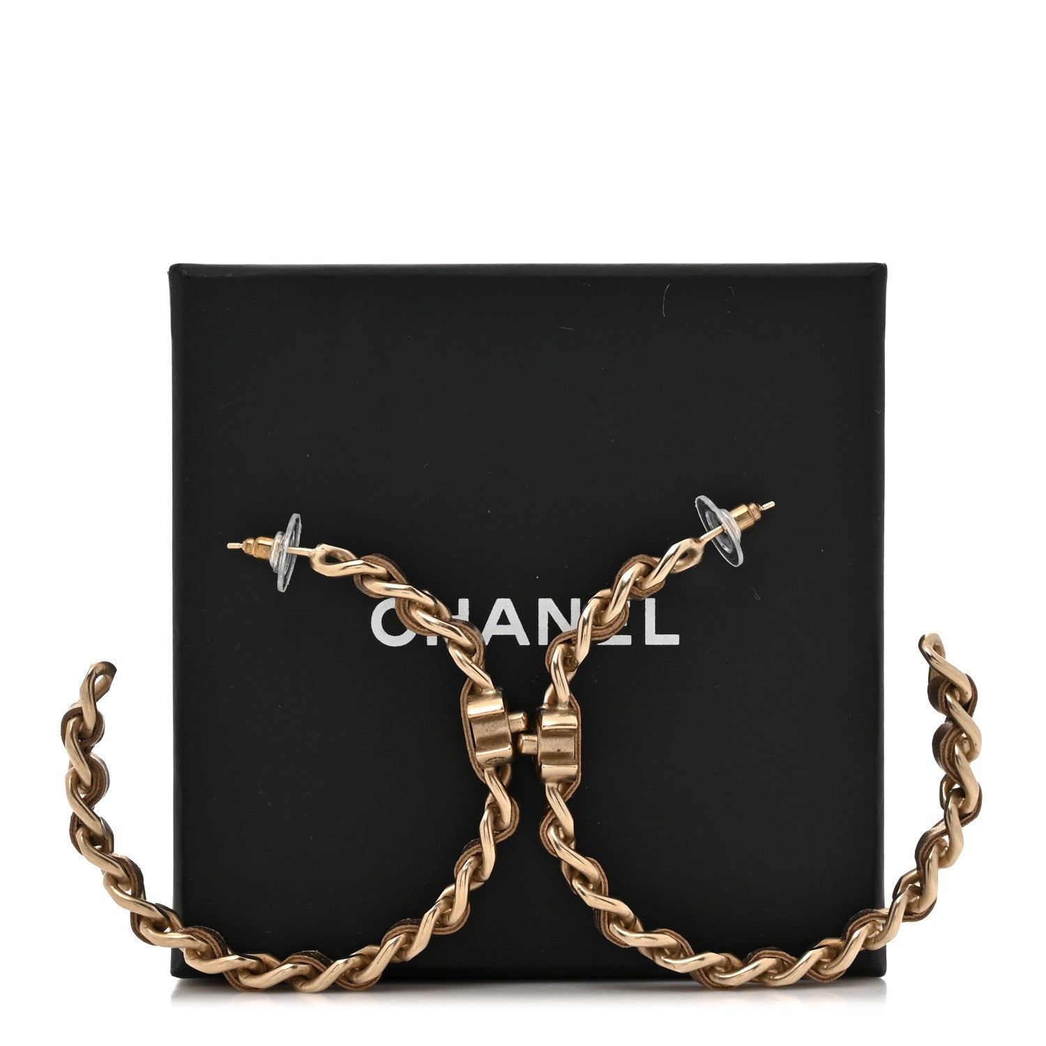 Chanel Metal Lambskin CC Turnlock Chain Hoop Earrings Matte Gold 5 of 5
