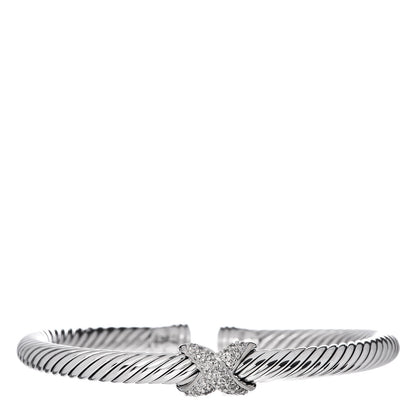 David Yurman Sterling Silver 18K White Gold Diamond Pave 5mm X Cable Bracelet 1 of 4