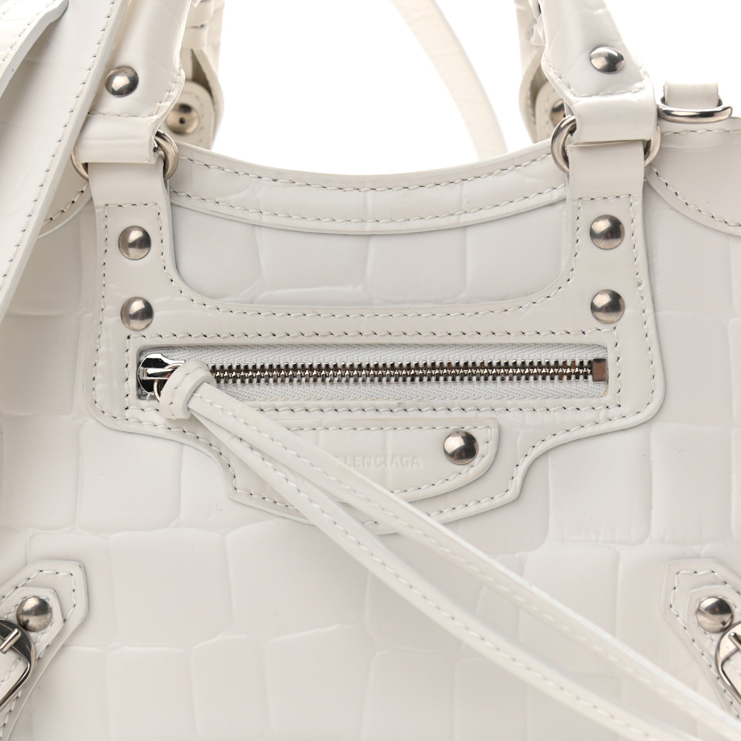 Balenciaga Semi Shiny Calfskin Crocodile Embossed Neo Classic Silver Hardware Mini City White 7 of 9
