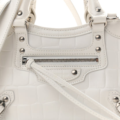 Balenciaga Semi Shiny Calfskin Crocodile Embossed Neo Classic Silver Hardware Mini City White 7 of 9