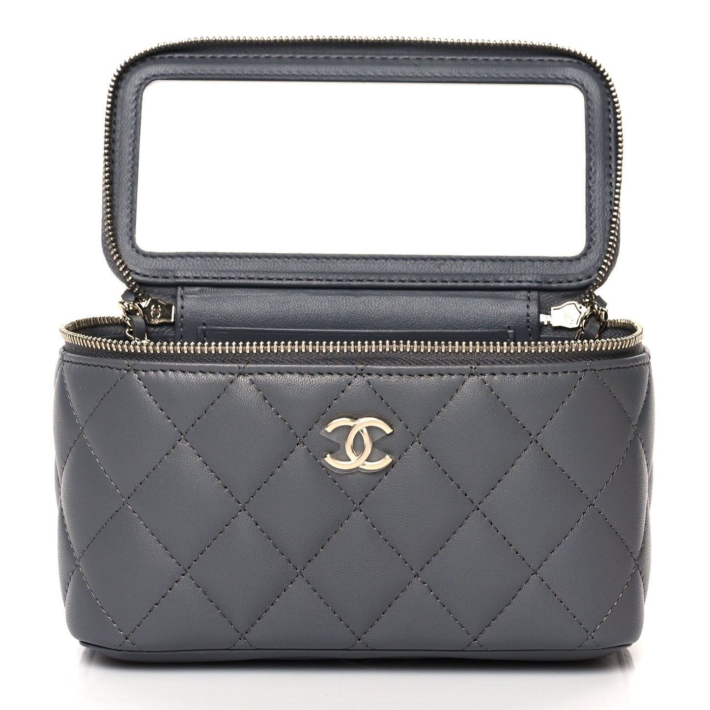 Lambskin Quilted Small Top Handle Vanity Case With Chain Grey