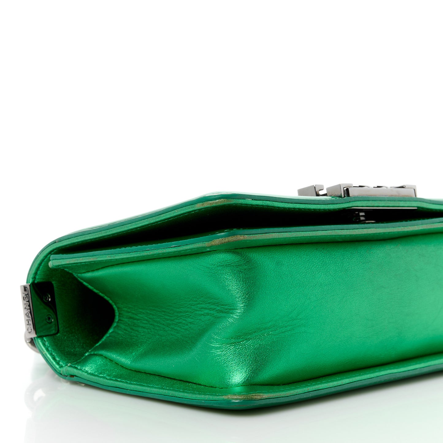 Metallic Patent Calfskin Quilted Small Boy Flap Green