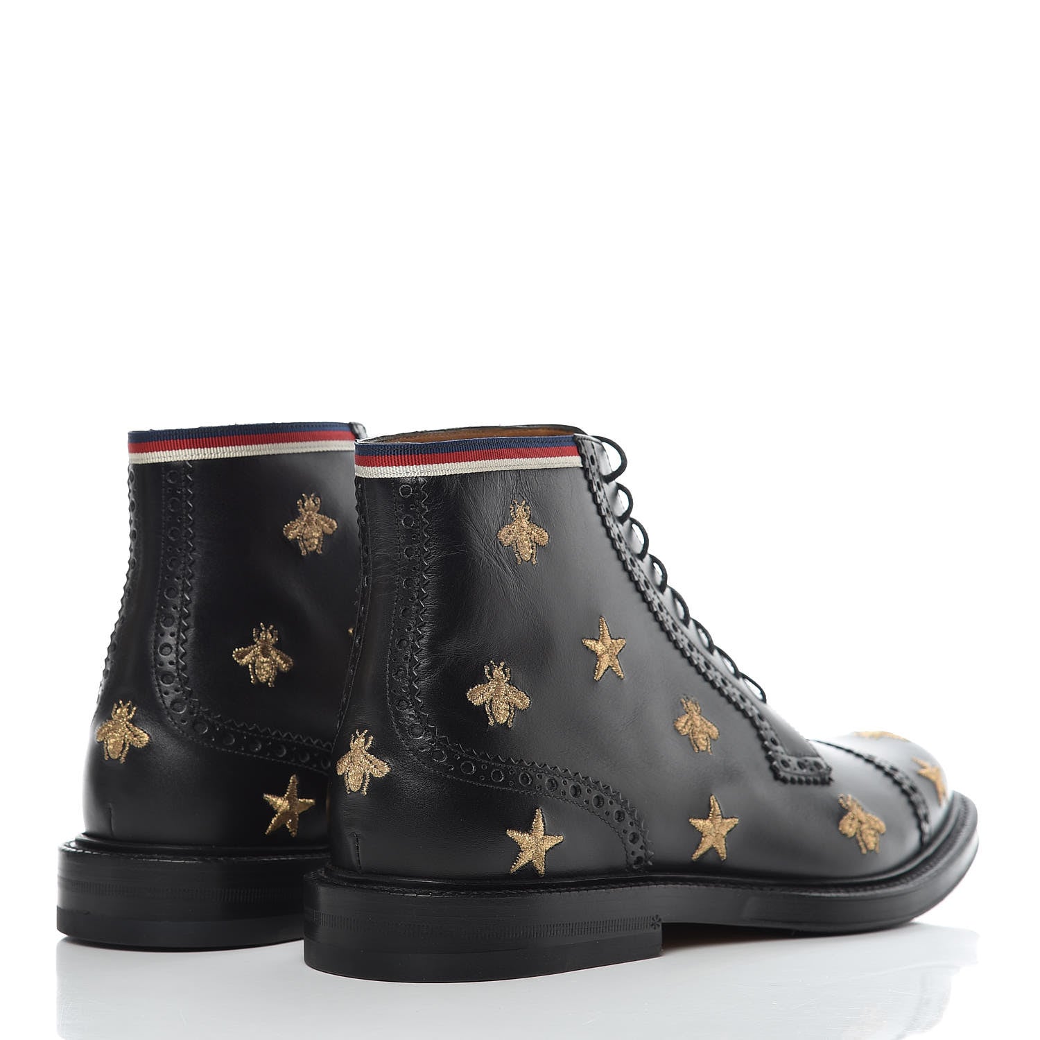Gucci Calfskin Sylvie Web Bee Star Embroidered Mens Brogue Captoe Boots 7 Black 4 of 9