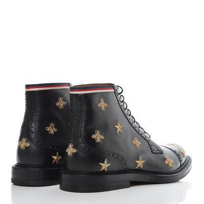 Gucci Calfskin Sylvie Web Bee Star Embroidered Mens Brogue Captoe Boots 7 Black 4 of 9
