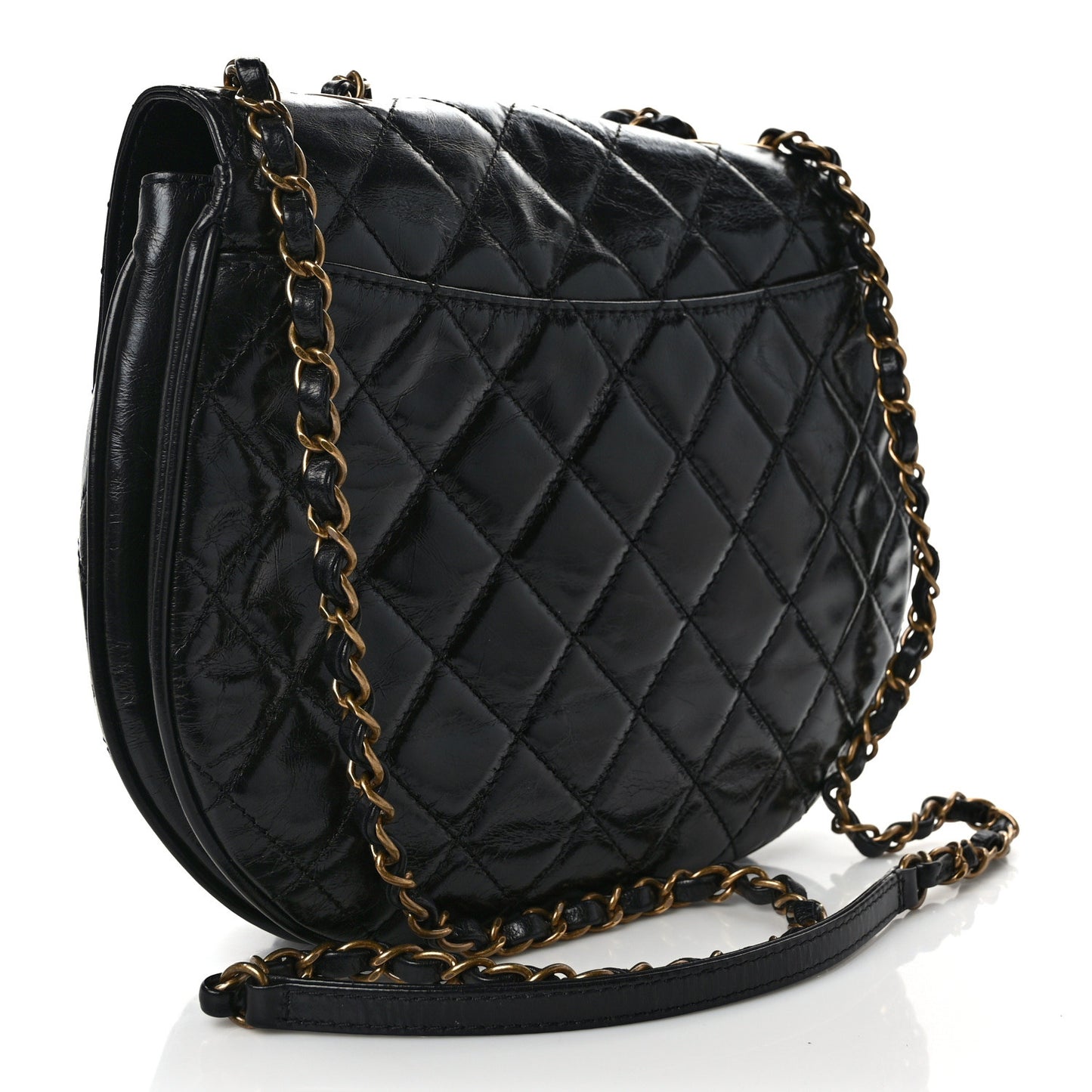 Glazed Calfskin Quilted Medium Bubble CC Flap Black