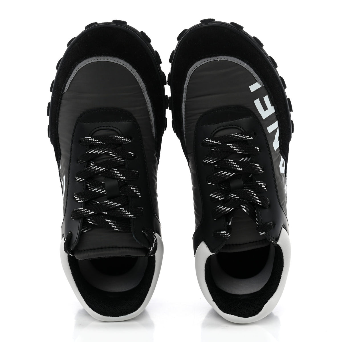 Chanel Nylon Calfskin Suede Womens CC Sneakers 38 Black Grey White 6 of 10
