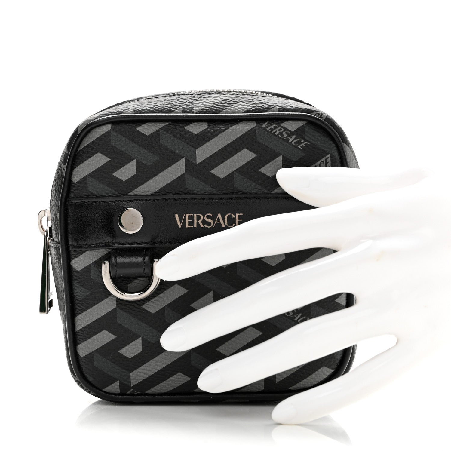 Versace Coated Canvas Calfskin La Greca Square Zip Pouch Black Gray 2 of 6