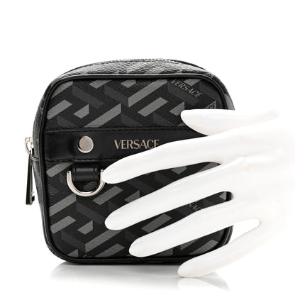 Versace Coated Canvas Calfskin La Greca Square Zip Pouch Black Gray 2 of 6