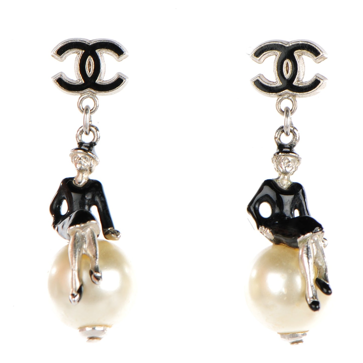 Enamel Pearl Coco Over The Moon Drop Earrings Black Silver