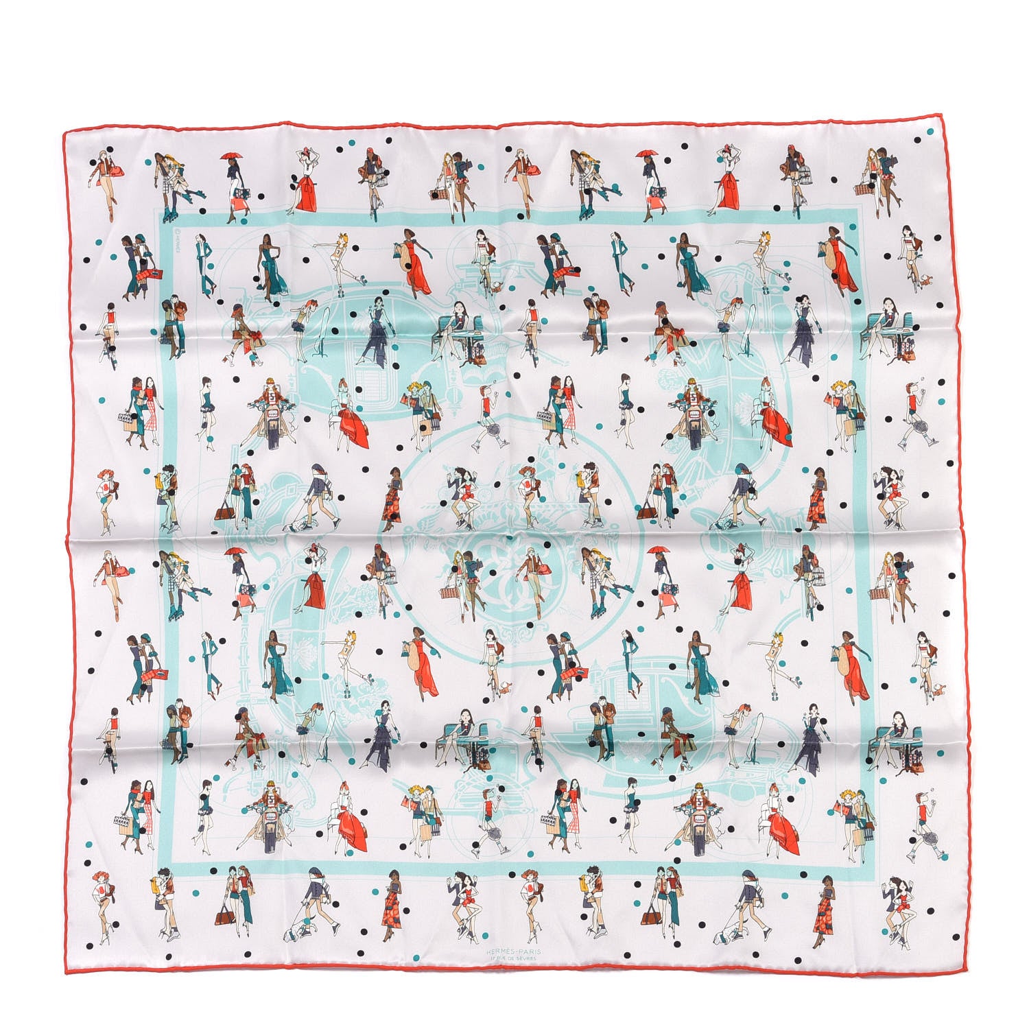 Hermes Silk Ex-Libris Les Parisiennes Scarf 70 Argent Vert D'eau Rouge Tomate 1 of 8