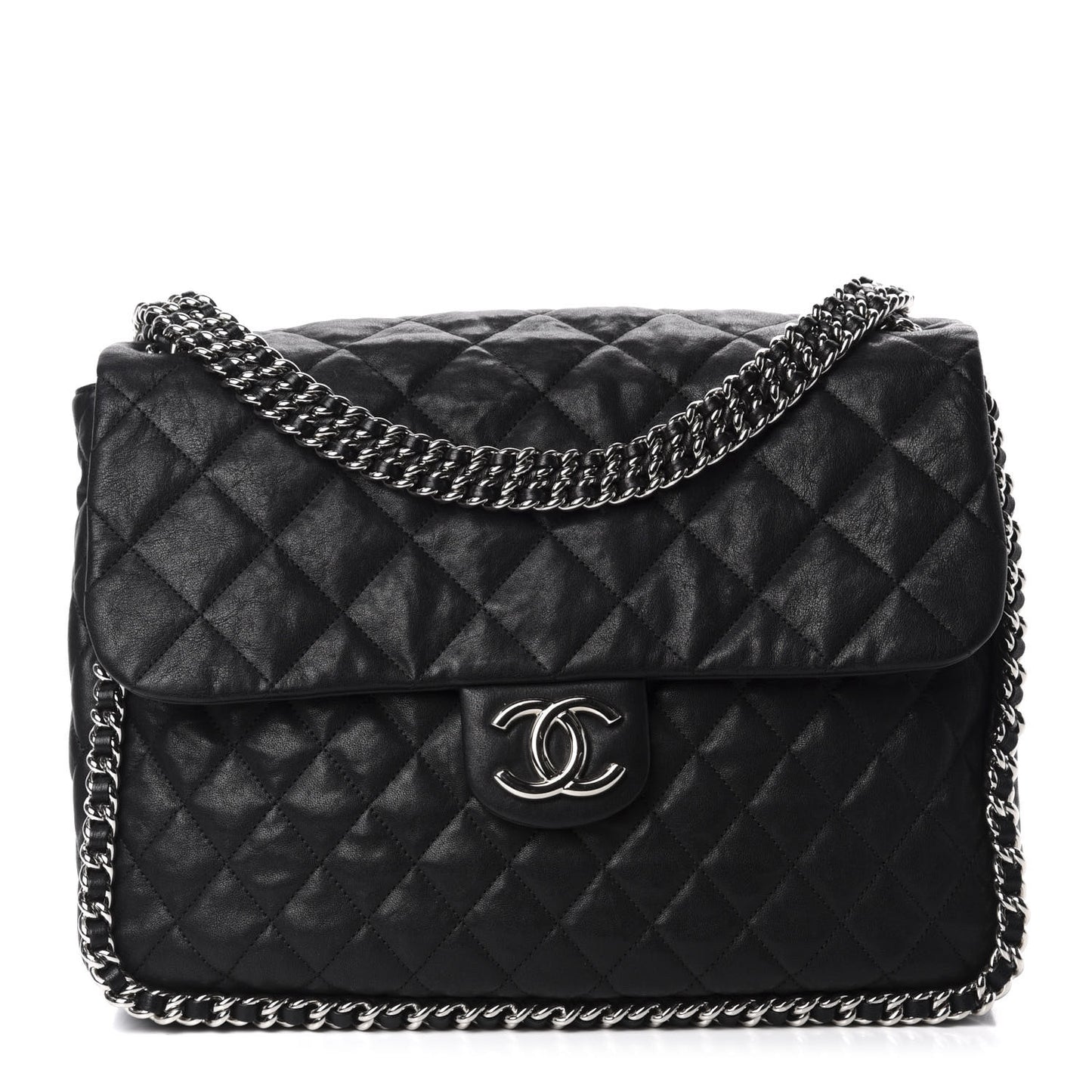 Washed Lambskin Quilted Maxi Chain Around Flap Black