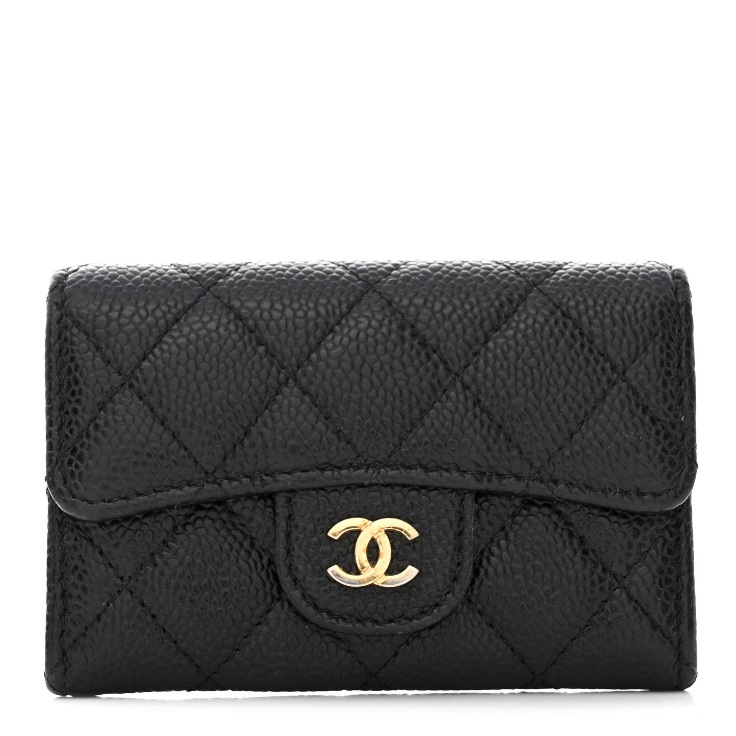 Caviar Quilted Flap Card Holder Wallet Black