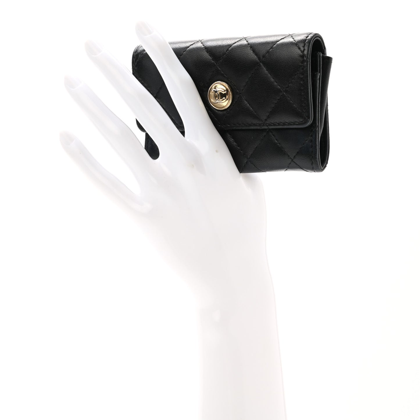 Lambskin Quilted CC Button Flap Card Holder Black