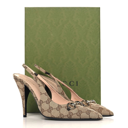 Gucci Monogram Horsebit Slingback Pumps 39.5 Beige Ebony Cocoa 10 of 10
