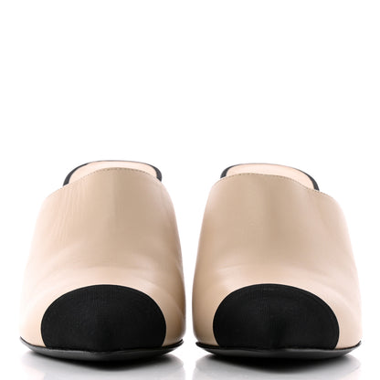 Chanel Lambskin Grosgrain Cap Toe Pearl Mule 37.5 Beige Black 2 of 13
