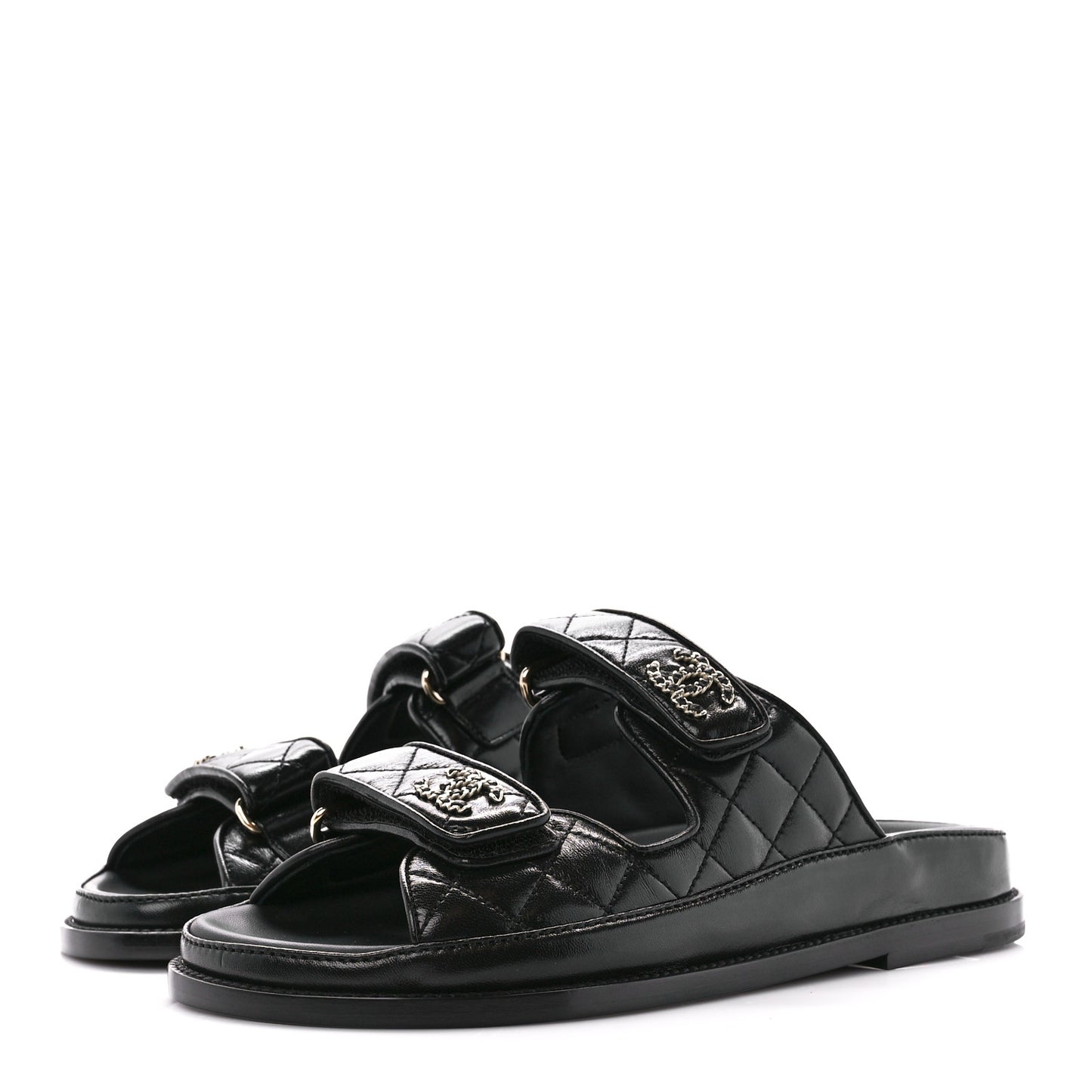 Lambskin Quilted Velcro Dad Chain CC Slide Sandals 37 Black