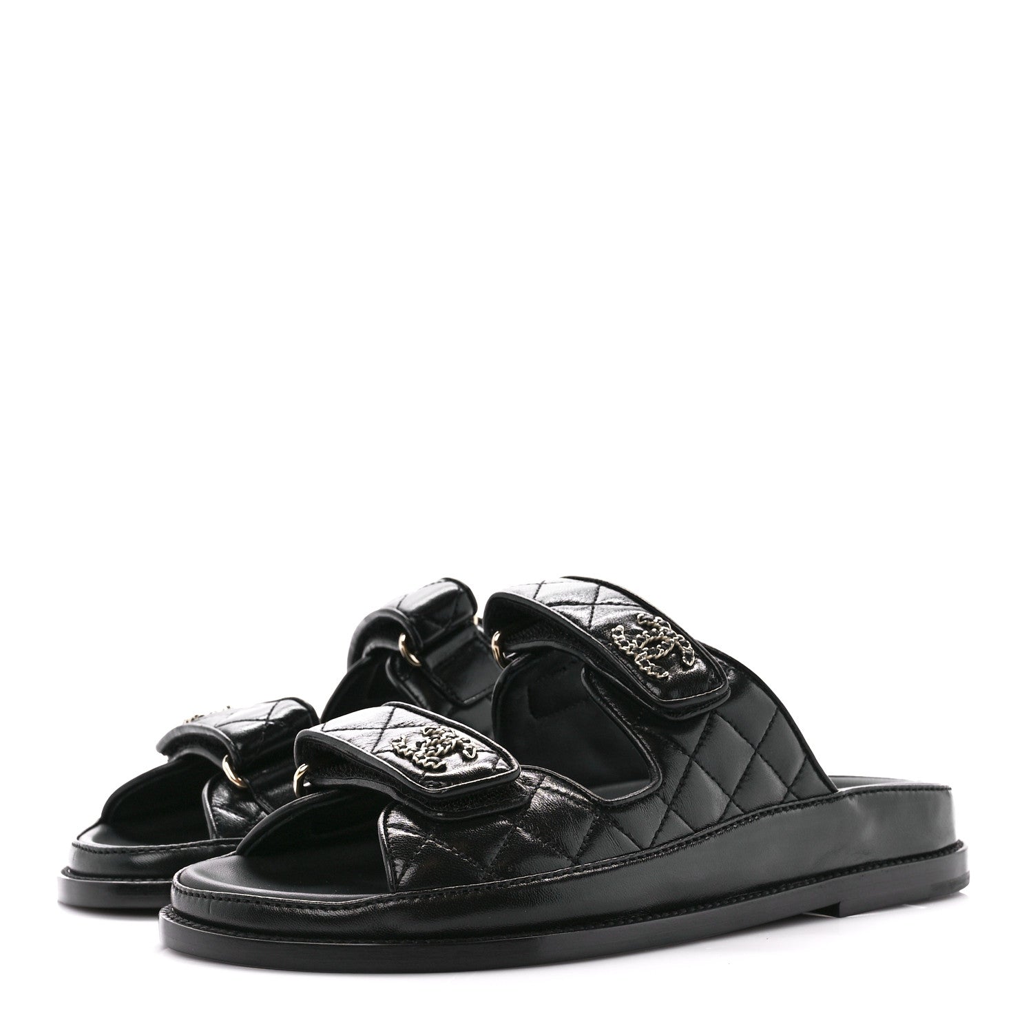 Chanel Lambskin Quilted Velcro Dad Chain CC Slide Sandals 37 Black 3 of 9