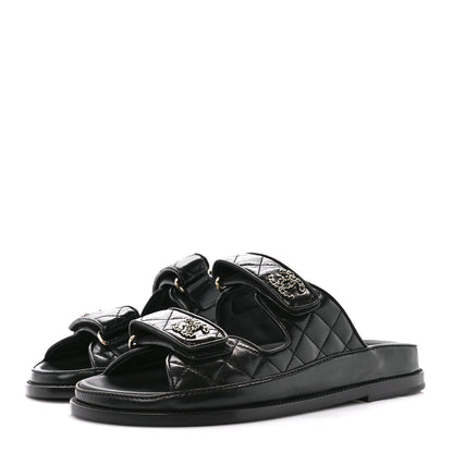 Chanel Lambskin Quilted Velcro Dad Chain CC Slide Sandals 37 Black 3 of 9