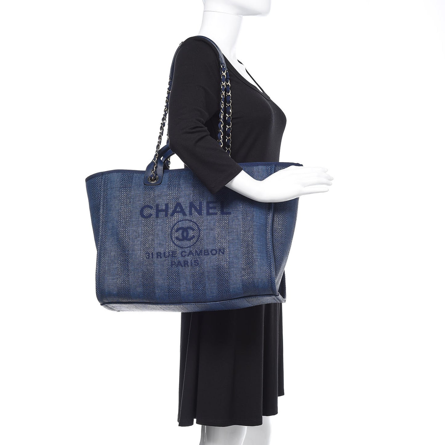 Woven Straw Raffia Striped Large Deauville Tote Navy Blue