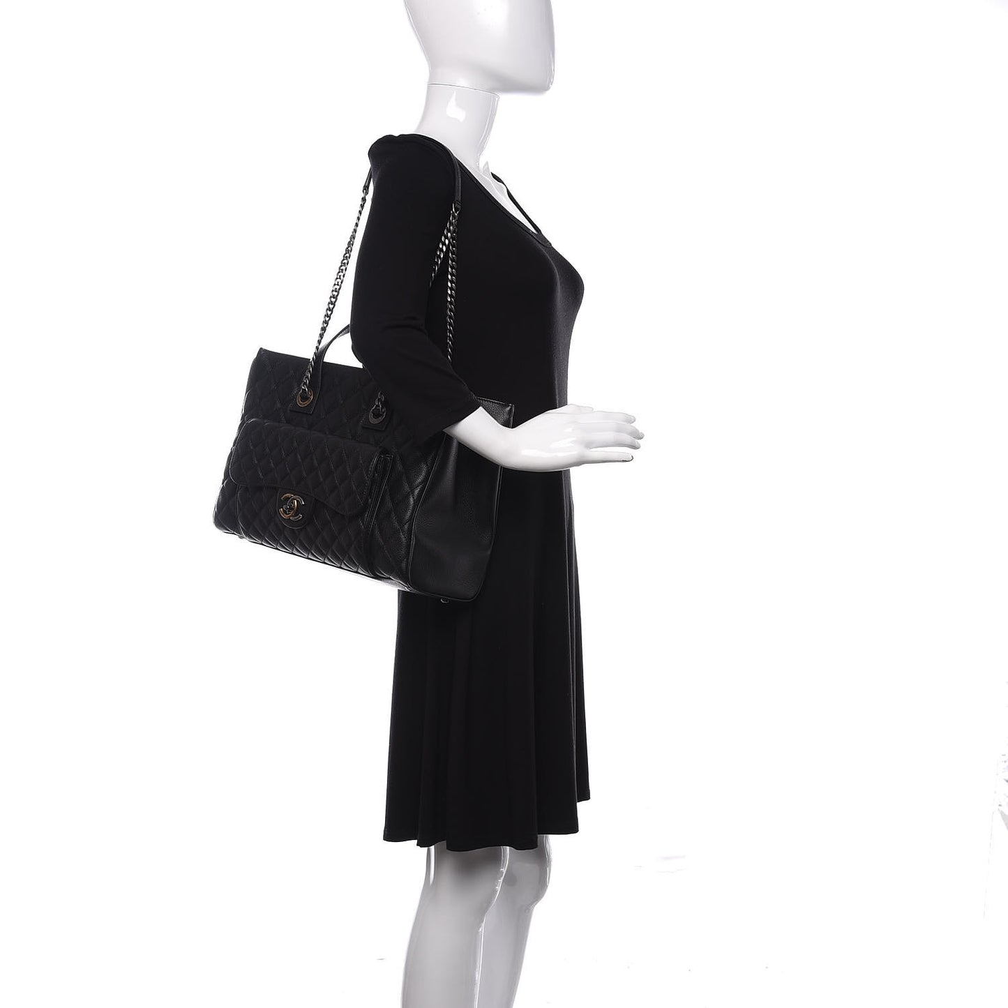 Caviar Quilted Large Casual Pocket Tote Black