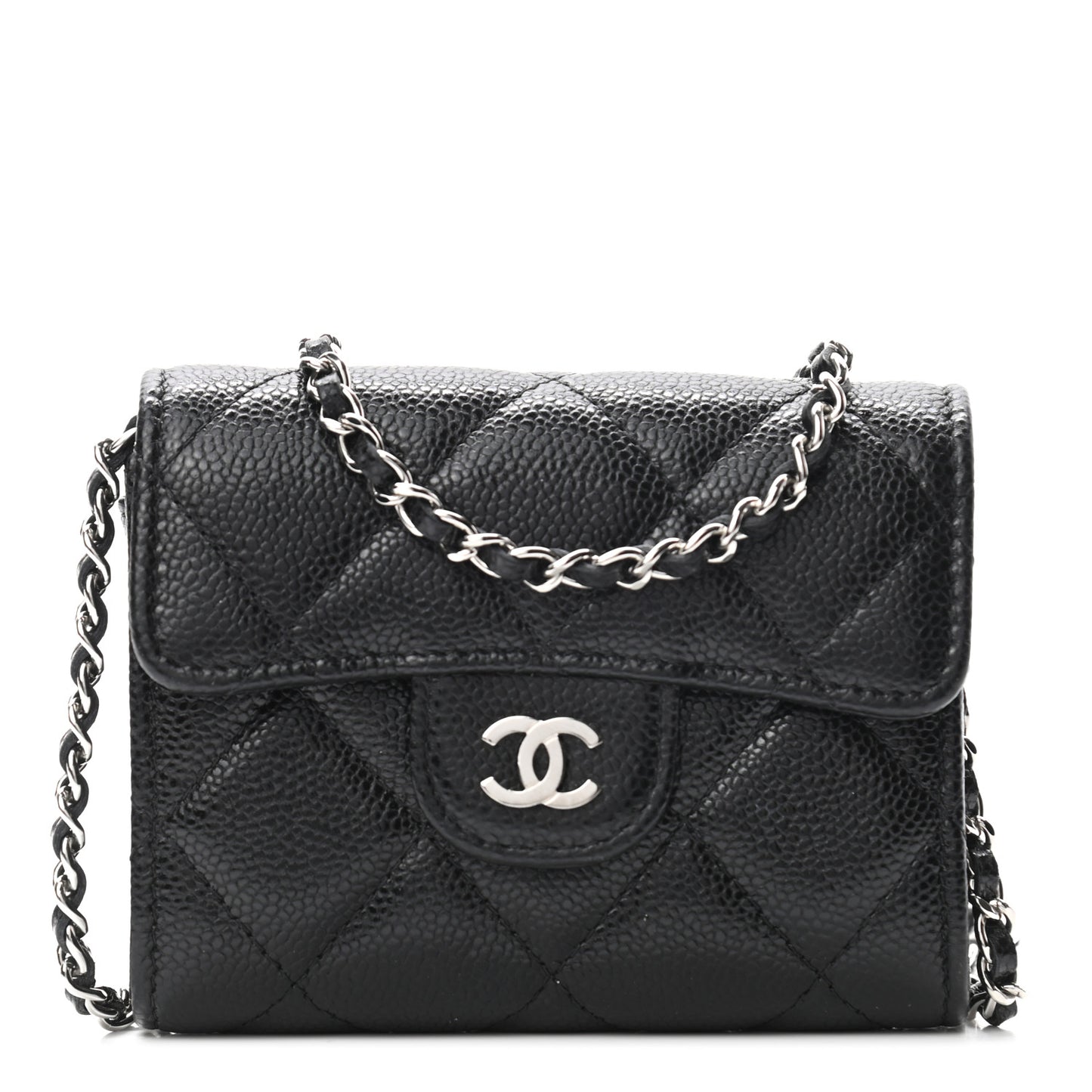 Caviar Quilted Flap Card Holder On Chain Black