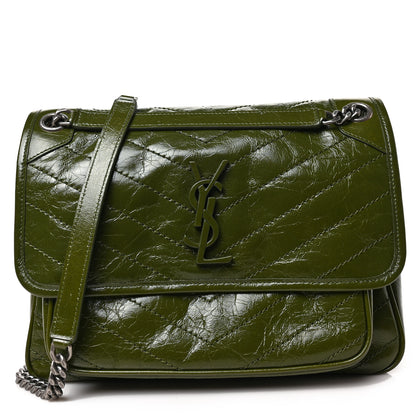 Saint Laurent Crinkled Calfskin Matelasse Monogram Medium Niki Chain Satchel Dark Pine 1 of 8