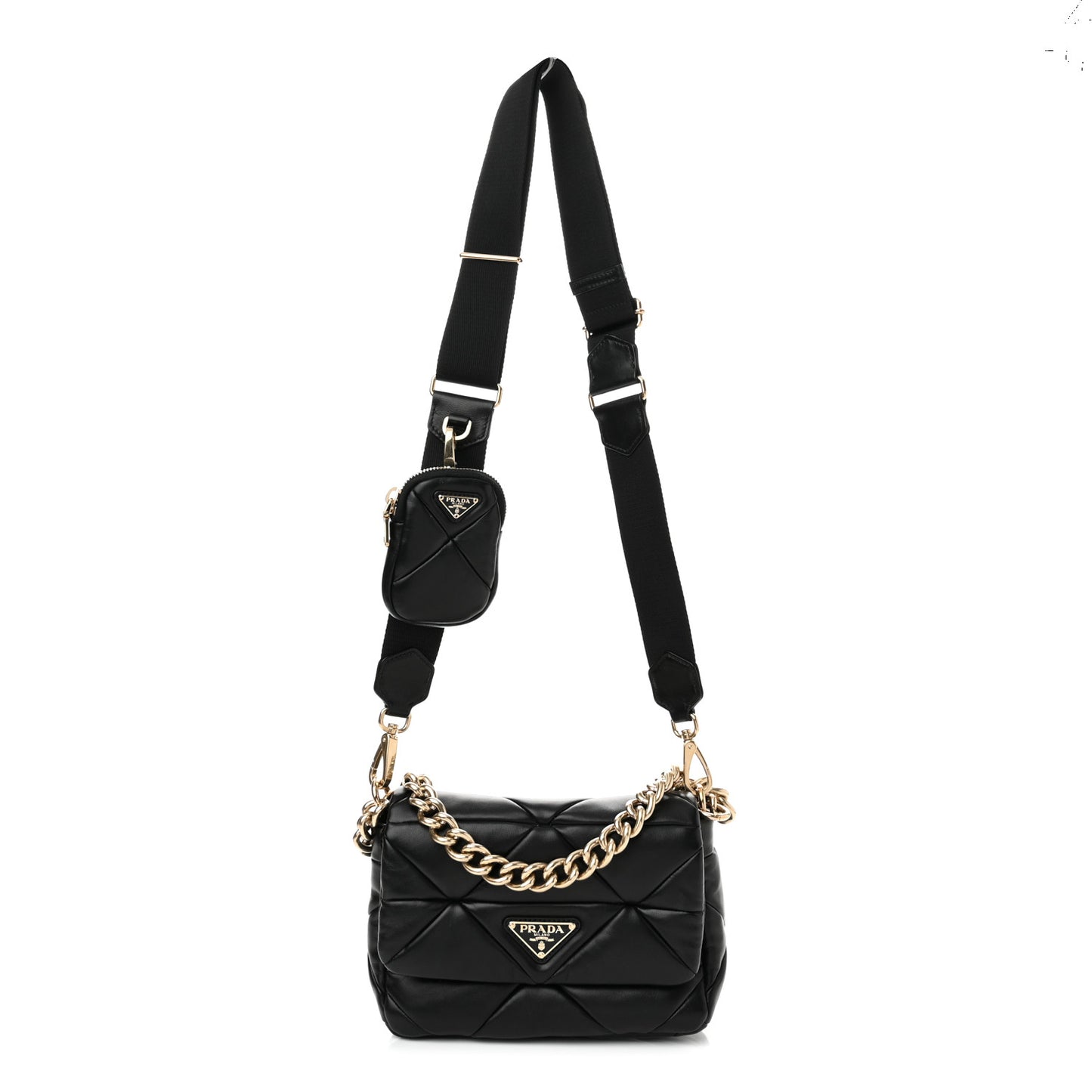 Nappa Re-Nylon Triangle Quilted Patchwork System Flap Shoulder Bag Black