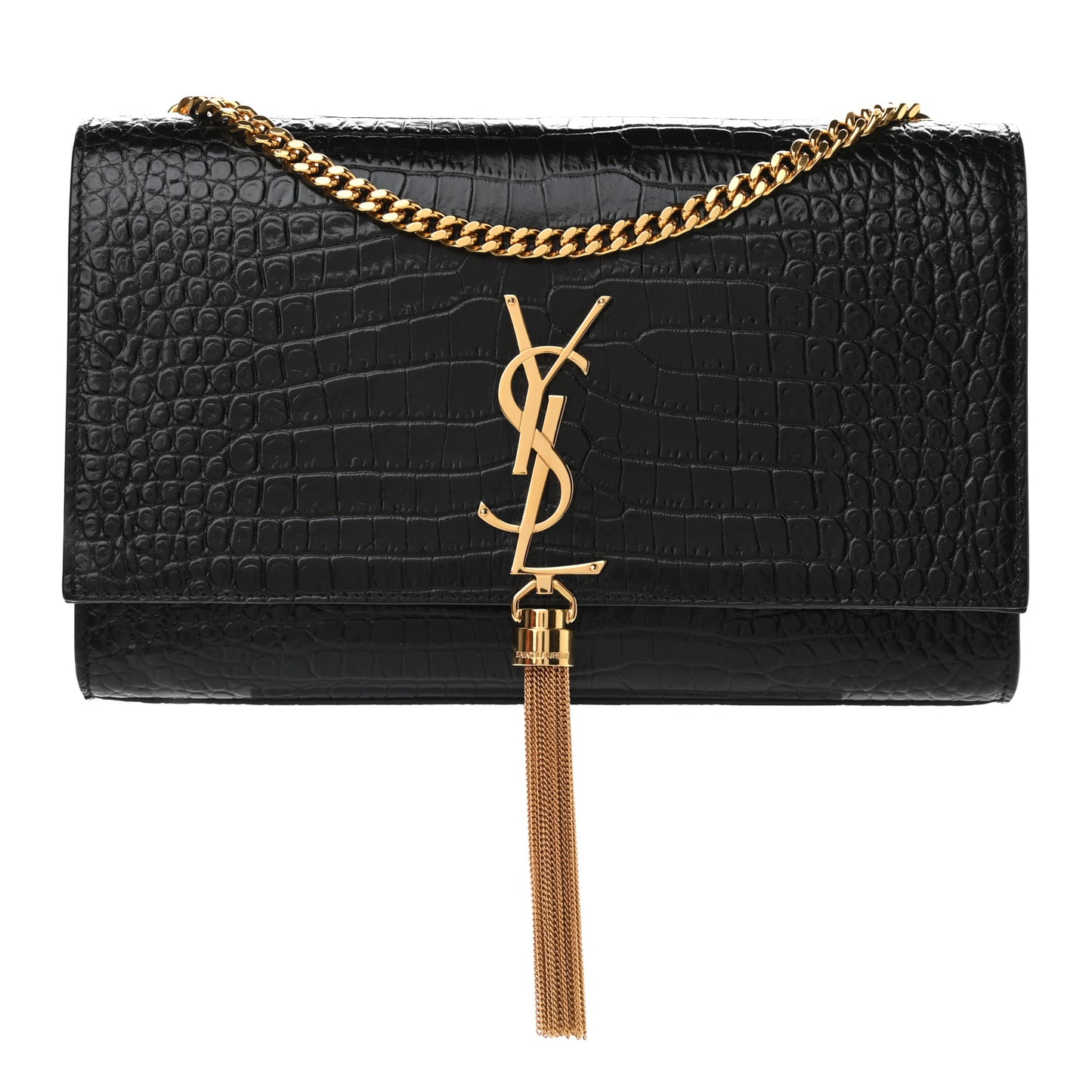 Calfskin Crocodile Embossed Medium Classic Monogram Kate Tassel Satchel Black