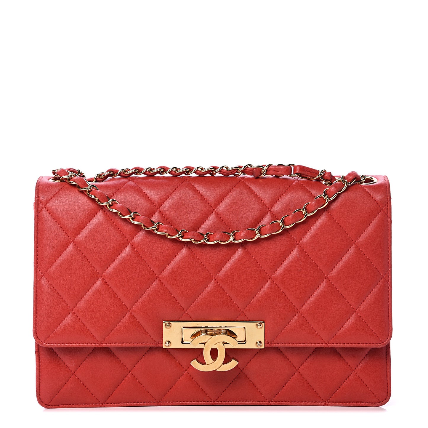 Lambskin Quilted Large Golden Class Flap Red