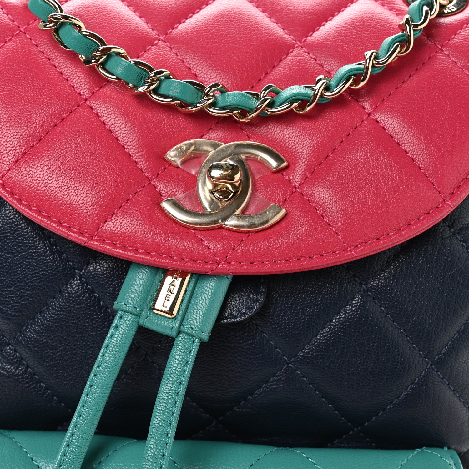 Chanel Goatskin Quilted Duma Drawstring Backpack Navy Turquoise Pink 8 of 10