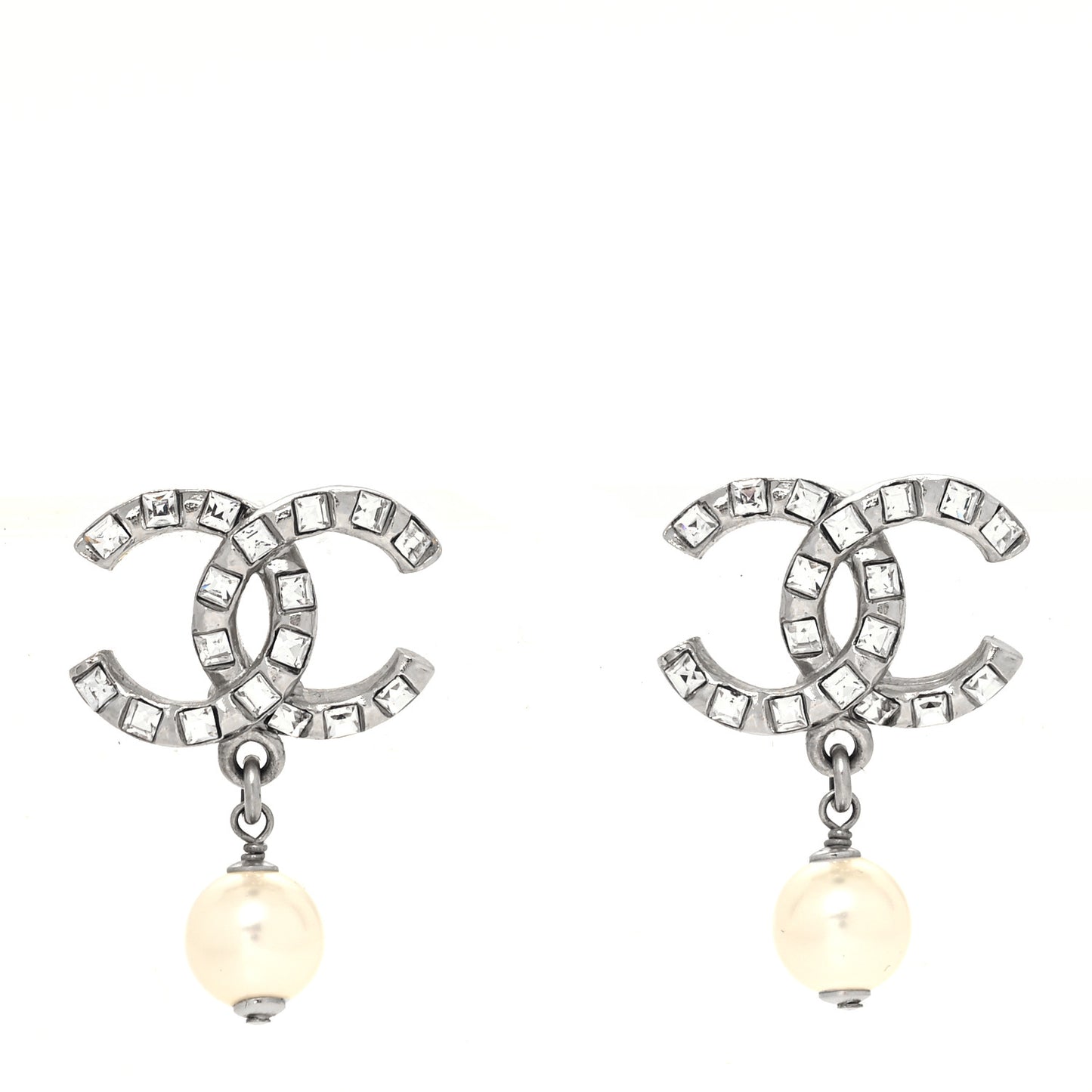 Crystal Baguette Pearl CC Drop Earrings Silver