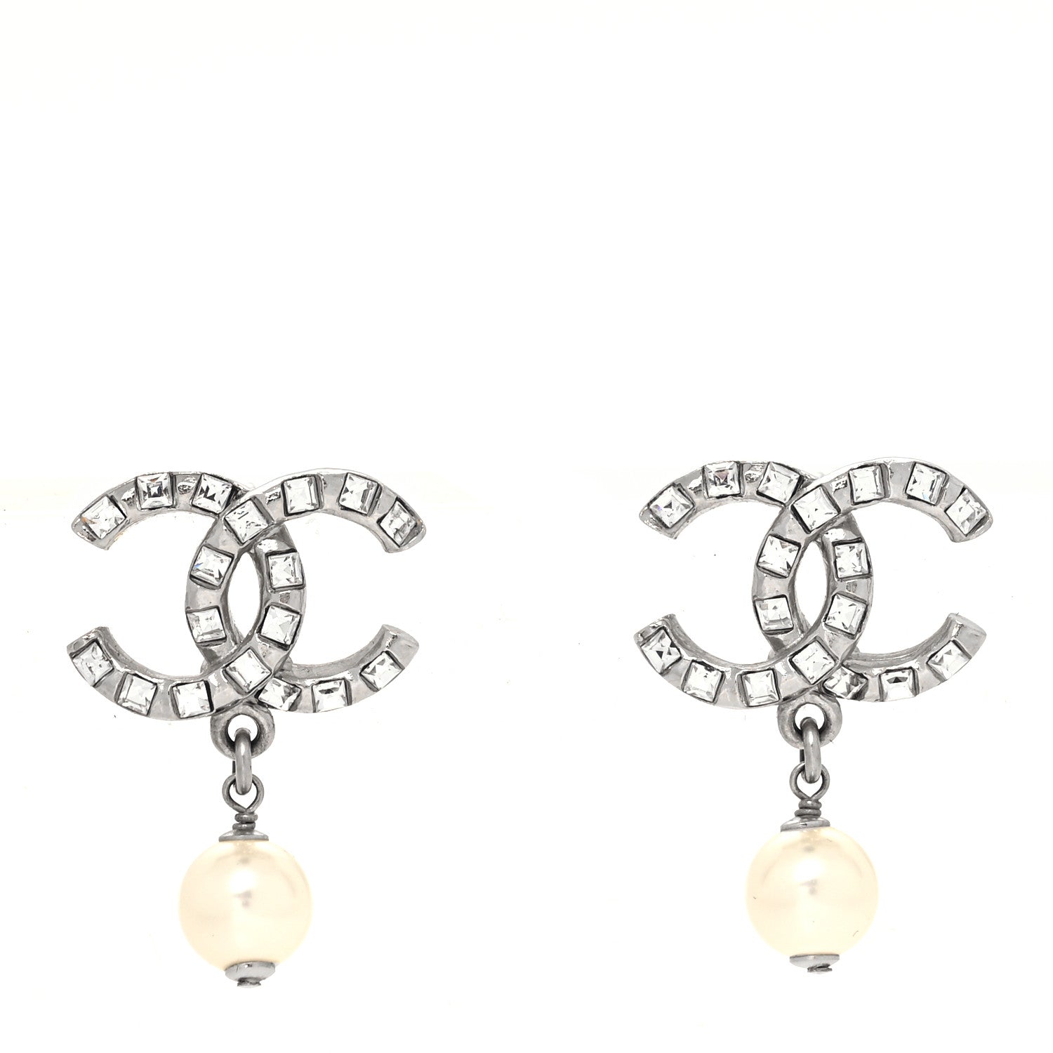 Chanel Crystal Baguette Pearl CC Drop Earrings Silver 1 of 4