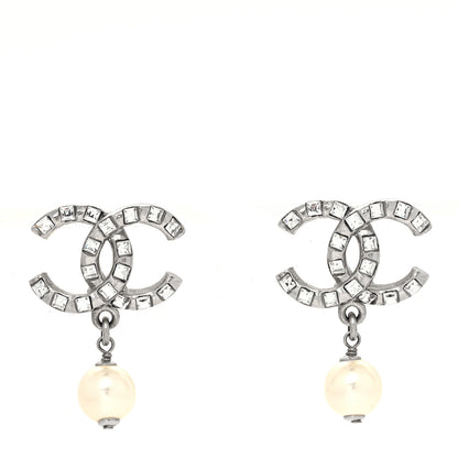 Chanel Crystal Baguette Pearl CC Drop Earrings Silver 1 of 4