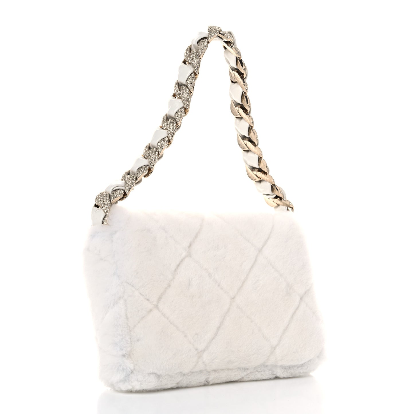Shearling Lambskin Crystal Strass Flap White