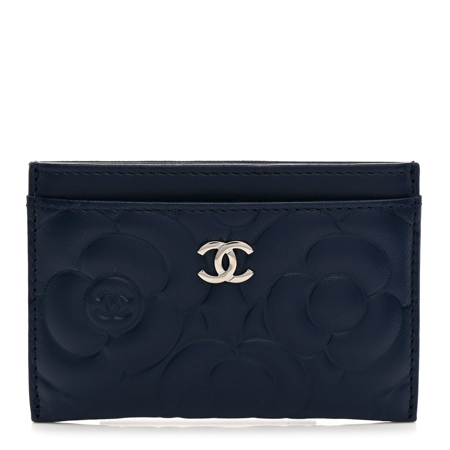 Lambskin Camellia Embossed Card Holder Navy