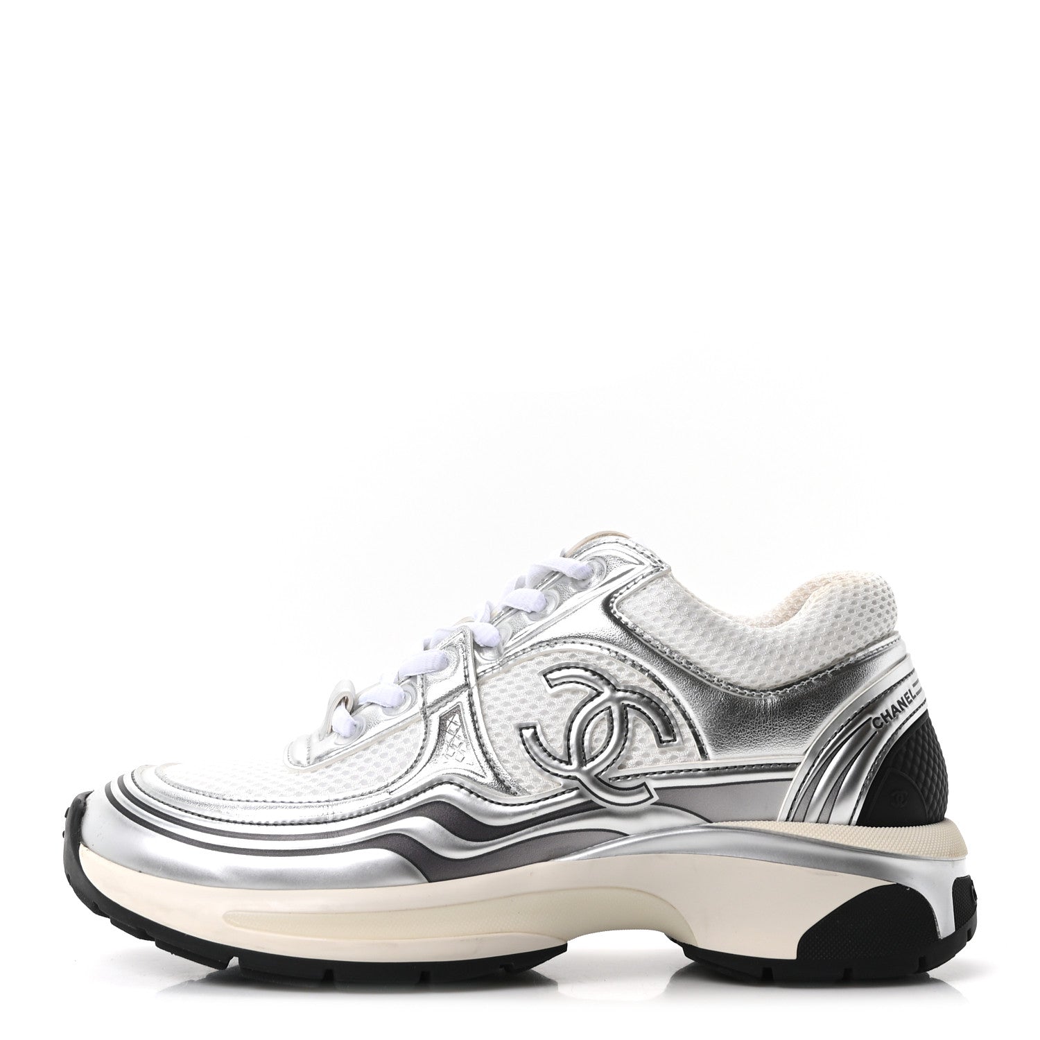 Chanel Fabric Laminated Calfskin Stretch CC Sneakers 36 White Silver 1 of 10