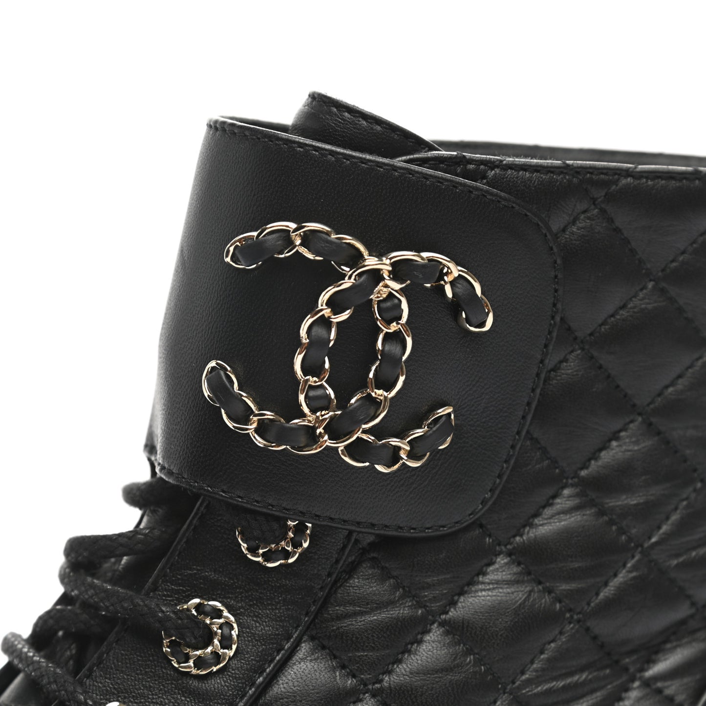 Shiny Lambskin Quilted Lace Up Combat Boots 38 Black