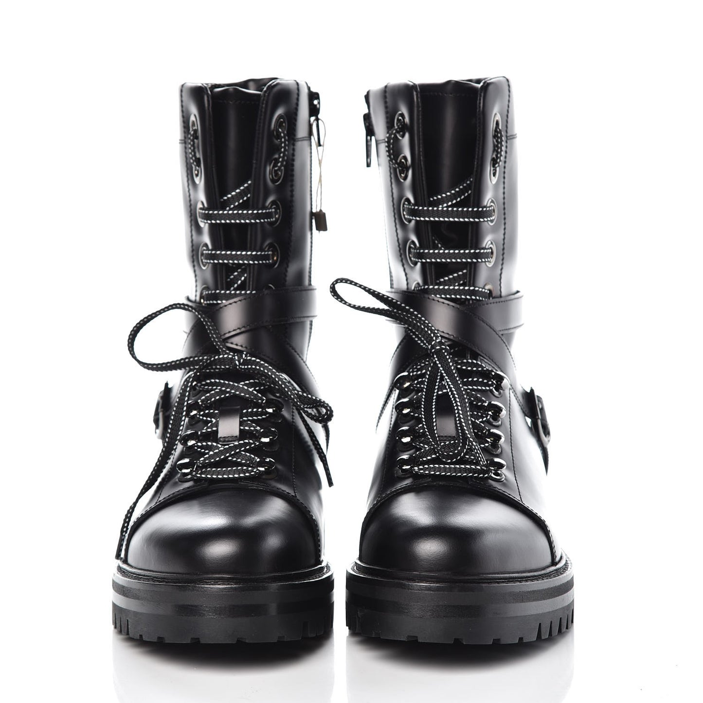 Smooth Calfskin Rockstud Buckled 25mm Combat Boots 38.5 Black