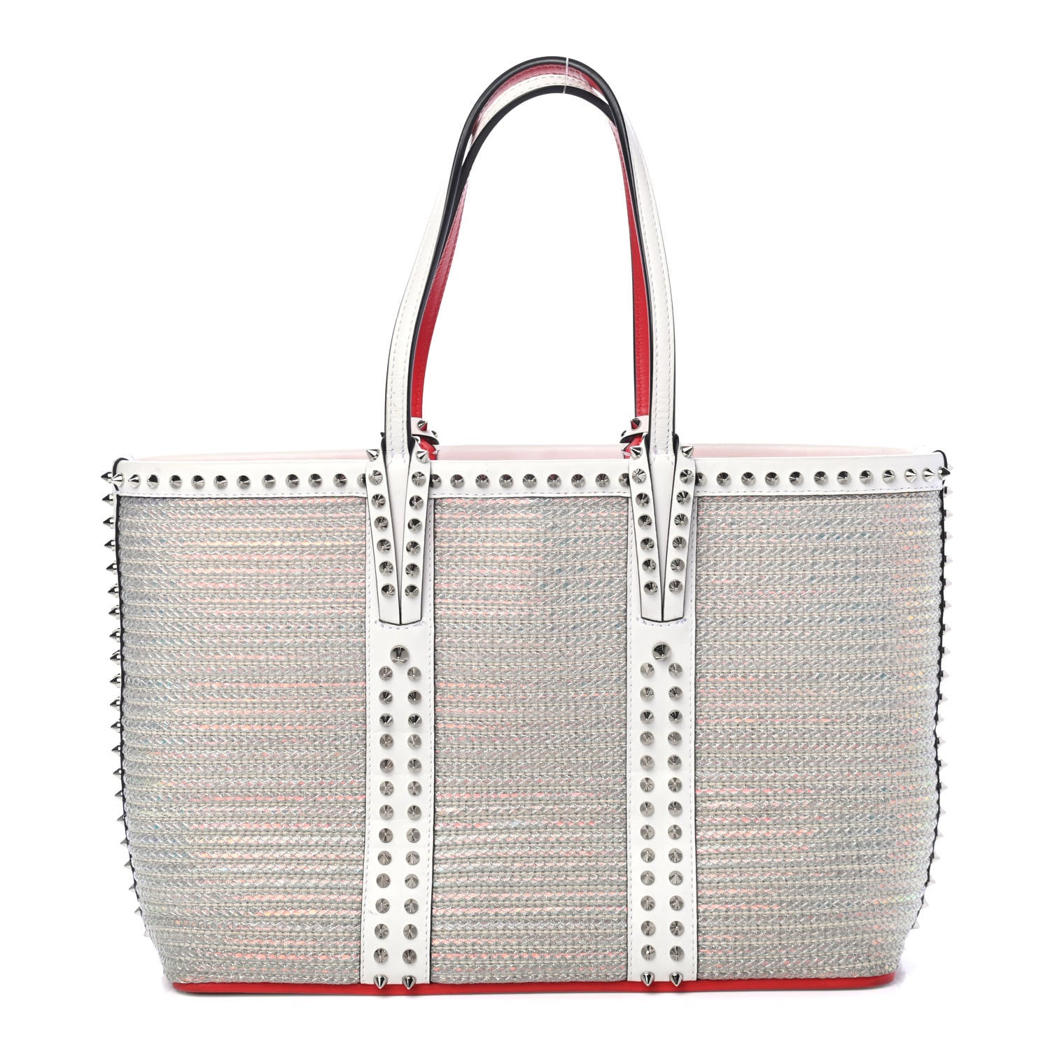 Christian Louboutin Calfskin Metallic Straw Spikes East West Cabata Tote White 1 of 4