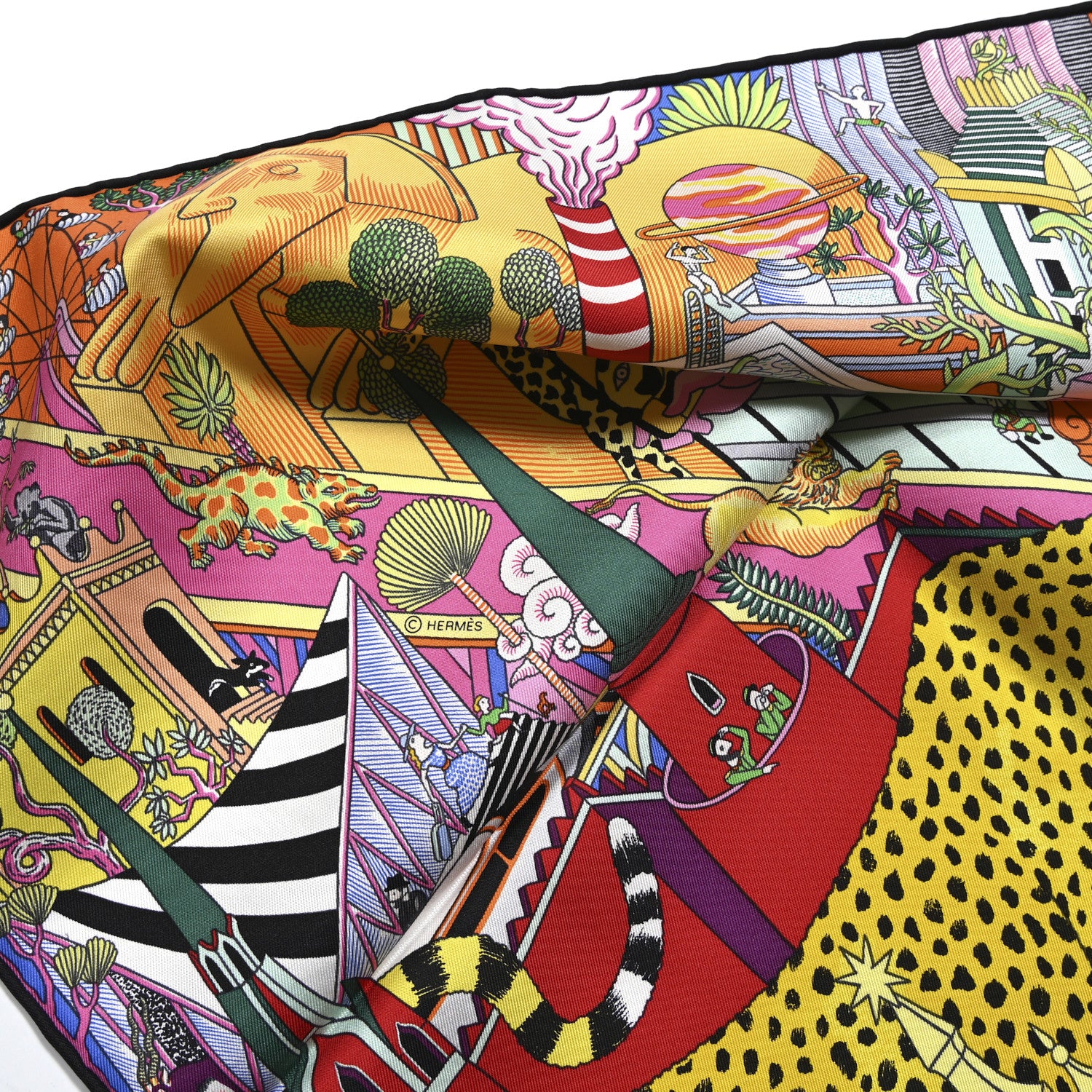Hermes Silk Animapolis Scarf 90 Jaune Vif Vert Rose 5 of 5