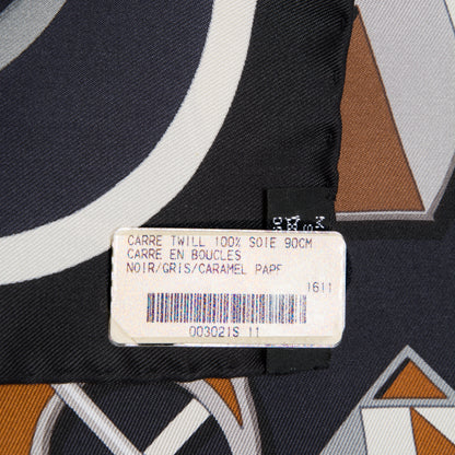 Hermes Silk Carre En Boucles Scarf 90 Black Gris Caramel 6 of 7