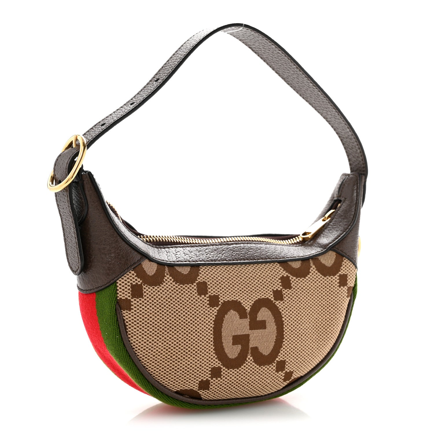 Gucci Monogram Jumbo GG Textured Dollar Calfskin Web Mini Ophidia Half Moon Hobo Camel Ebony New Acero 3 of 12