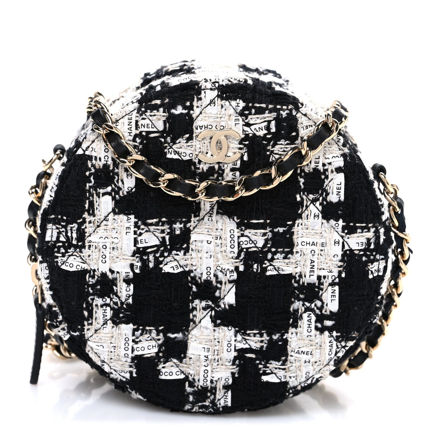 Tweed Quilted Round Clutch With Chain Black Ecru White